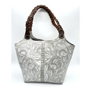 Leaders in Leather Boho Cottagecore Grey Tooled Braided Western Purse